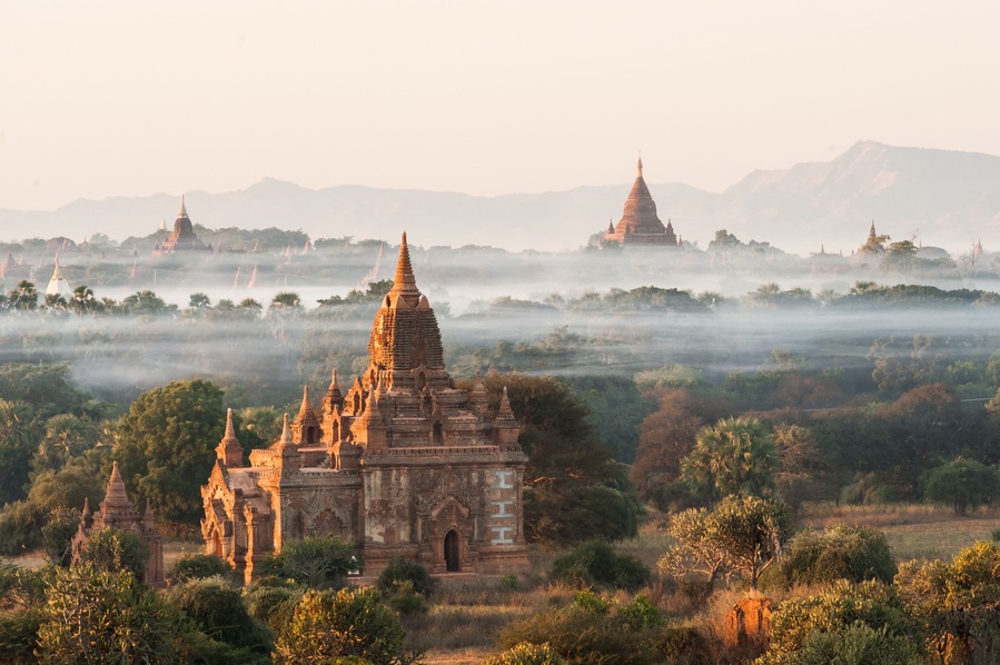 View from the Shwe Sandaw Pagoda during sunset in Bagan, Myanmar
