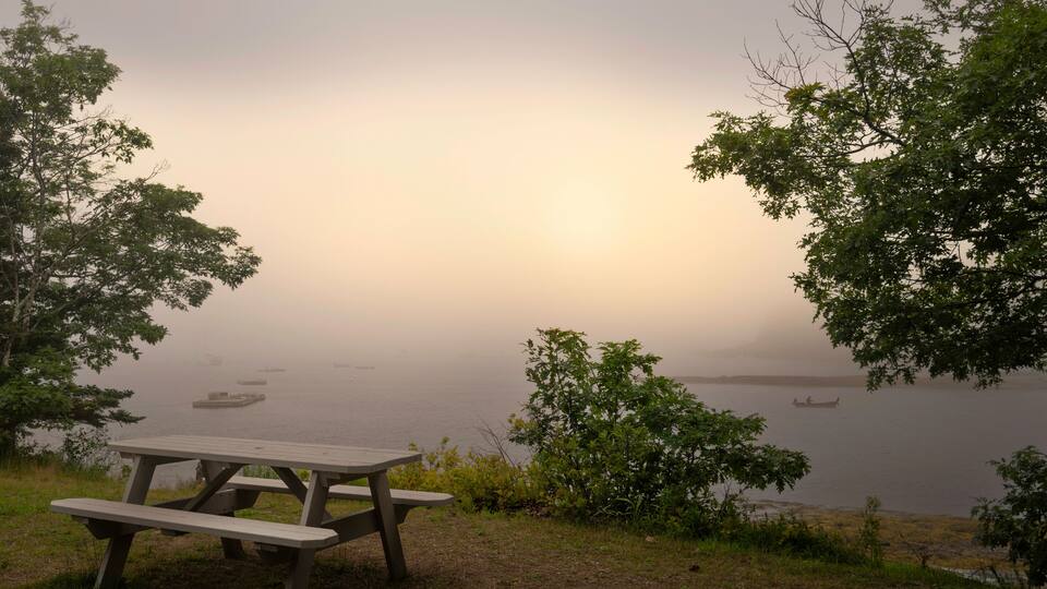 A foggy lake with a picnic table and boats in the distance.
