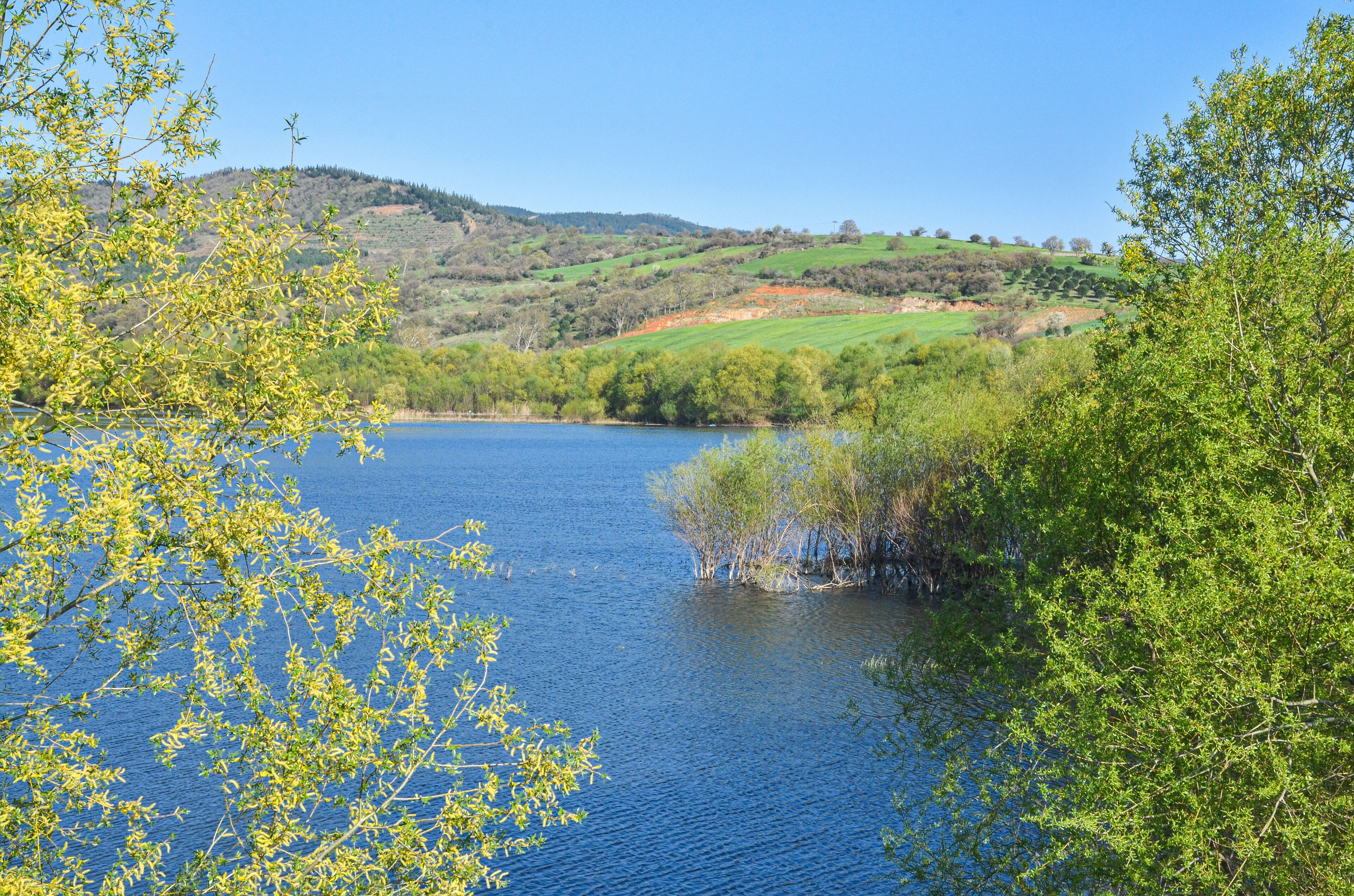 A lake surrounded by green hills and trees.