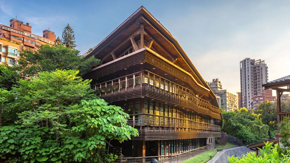 sunset view of library in beitou, taipei, taiwan