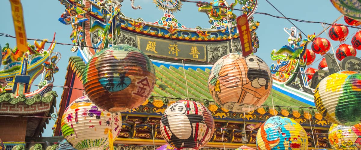 Lantern Festival during lunar new year in Pu Chi Temple, traditional Chinese characters shows on the roof, in Tainan City, Taiwan., Shutterstock ID 576498280, SF SSA Case with Manager Approval: Case 0
