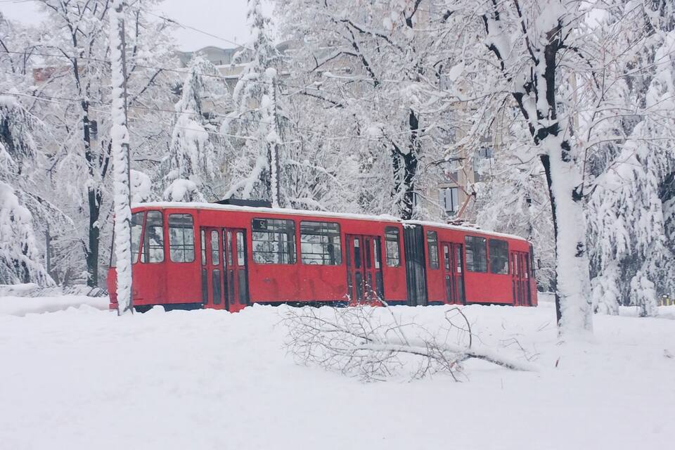 A red tram in a snowy forest.