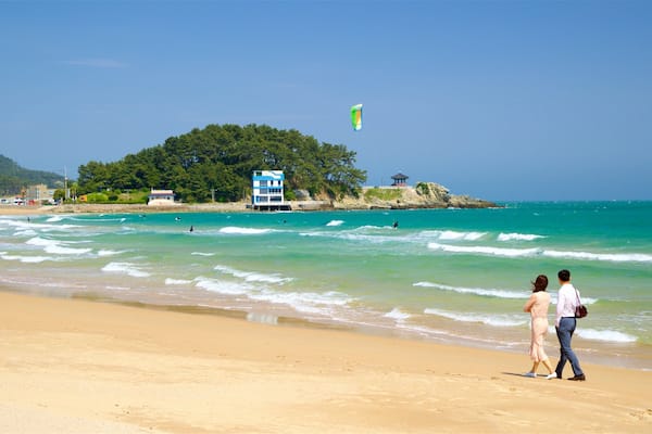 Strand van Songjeong inclusief algemene kustgezichten, een strand en surfen