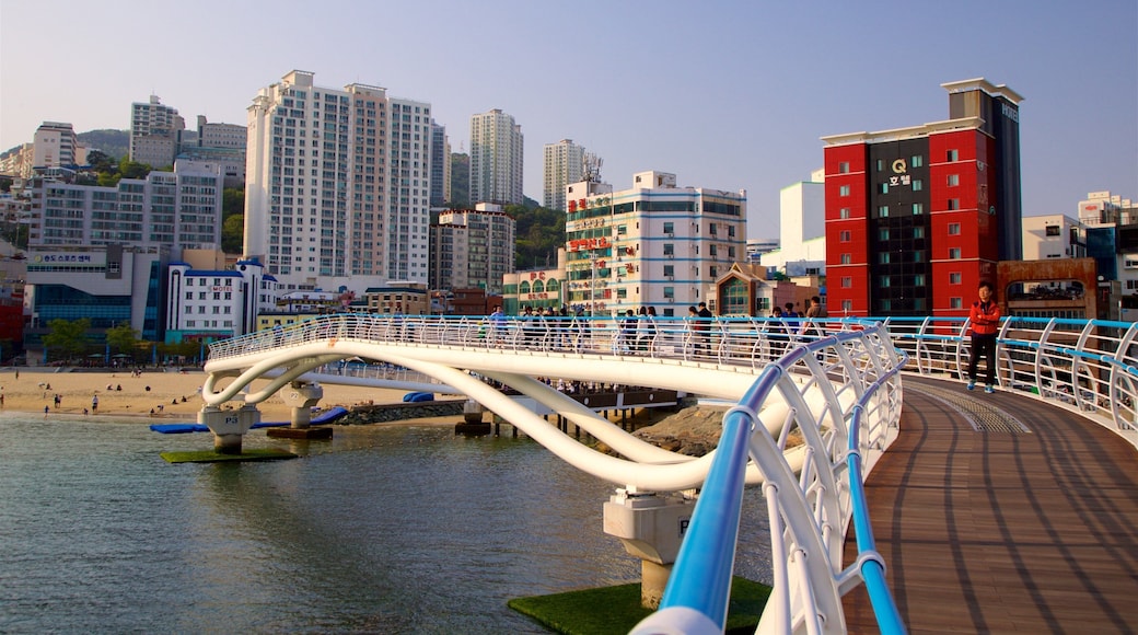 Songdo Beach showing general coastal views, a bridge and a sunset