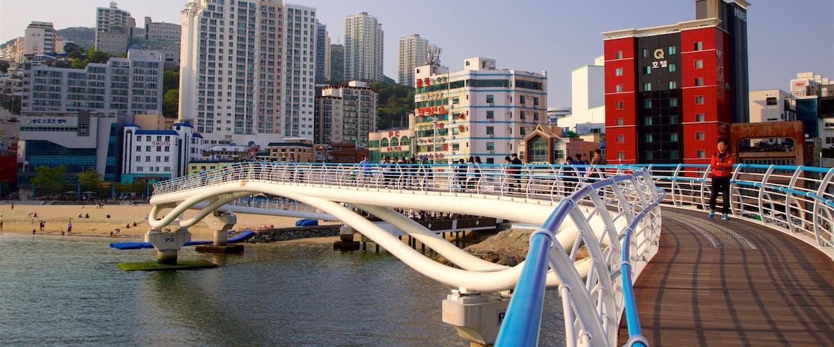 Songdo Beach showing a sandy beach, a sunset and general coastal views
