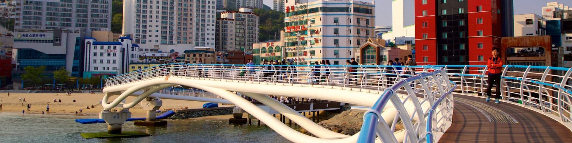 Songdo Beach featuring a coastal town, a beach and general coastal views