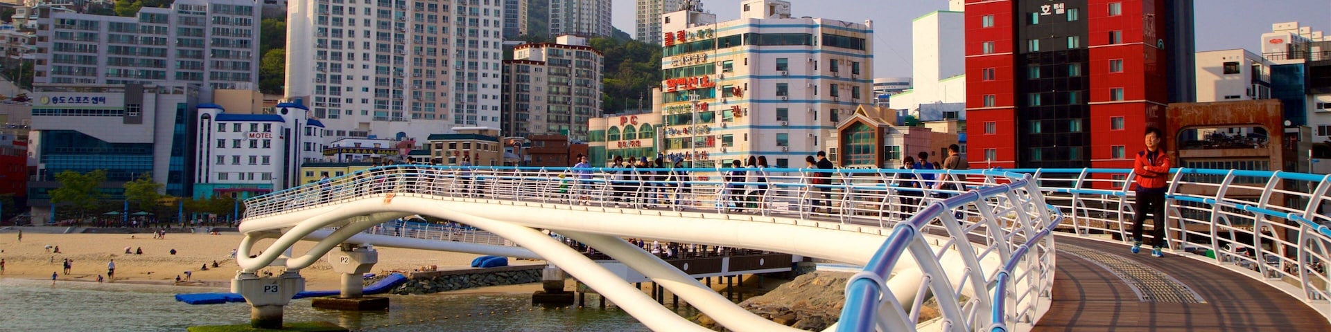 Songdo Beach featuring a coastal town, a beach and general coastal views