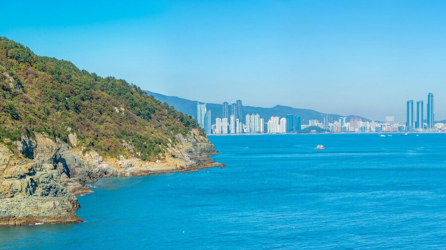 Skyline of Busan viewed behind Igidae peninsula, Republic of Korea