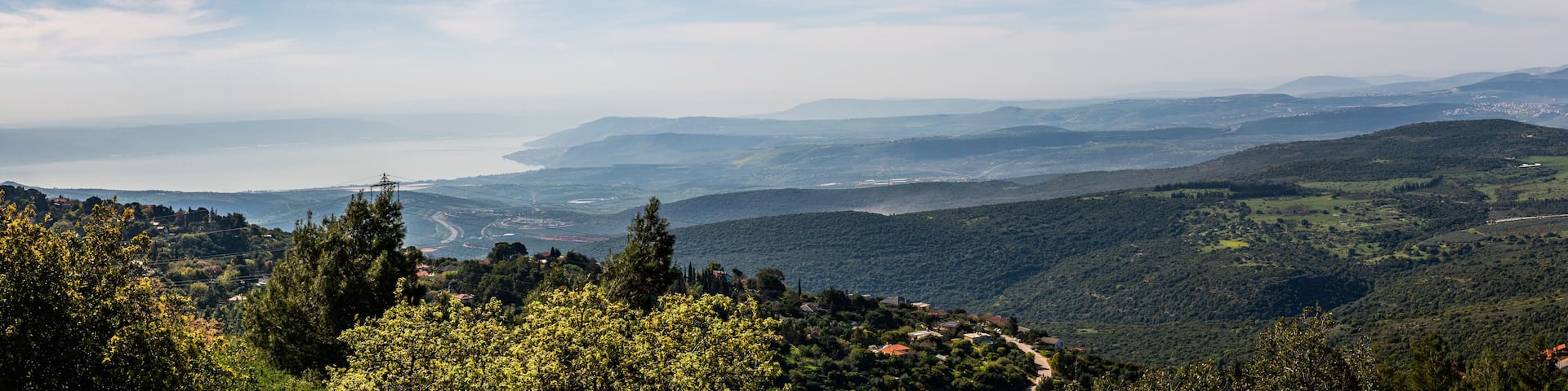 Panoramic view of the Lower Galilee and the Sea of Galilee from Mount Meron in the Upper Galilee in Israel.