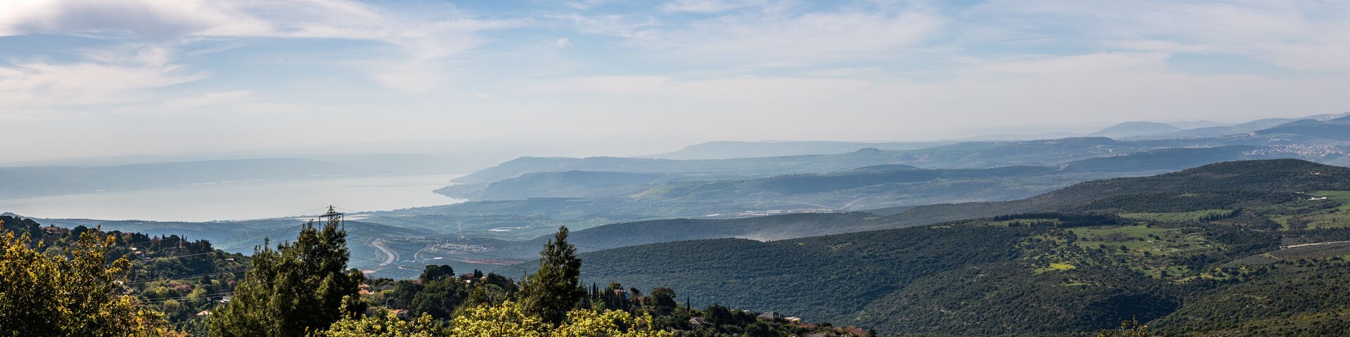 Panoramic view of the Lower Galilee and the Sea of Galilee from Mount Meron in the Upper Galilee in Israel.
