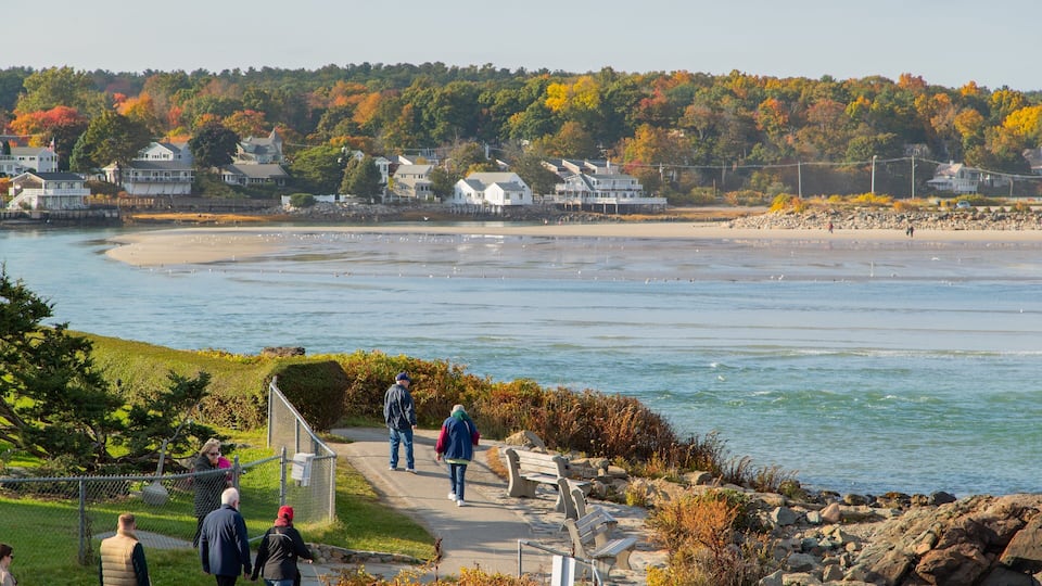 A coastal walkway with people walking, a sandy beach, and houses in the background.