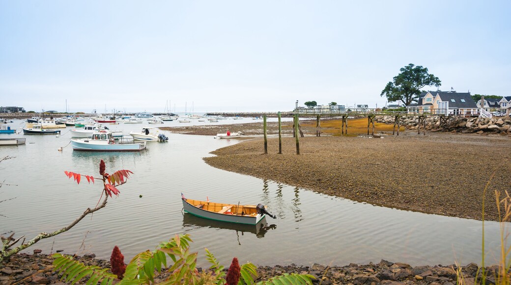 Rye Harbour at Hampton Beach, small fishing village in New Hampshire, USA at half tide with the exposed sand bank and the moored boats.; Shutterstock ID 242838289; Purchase Order: -