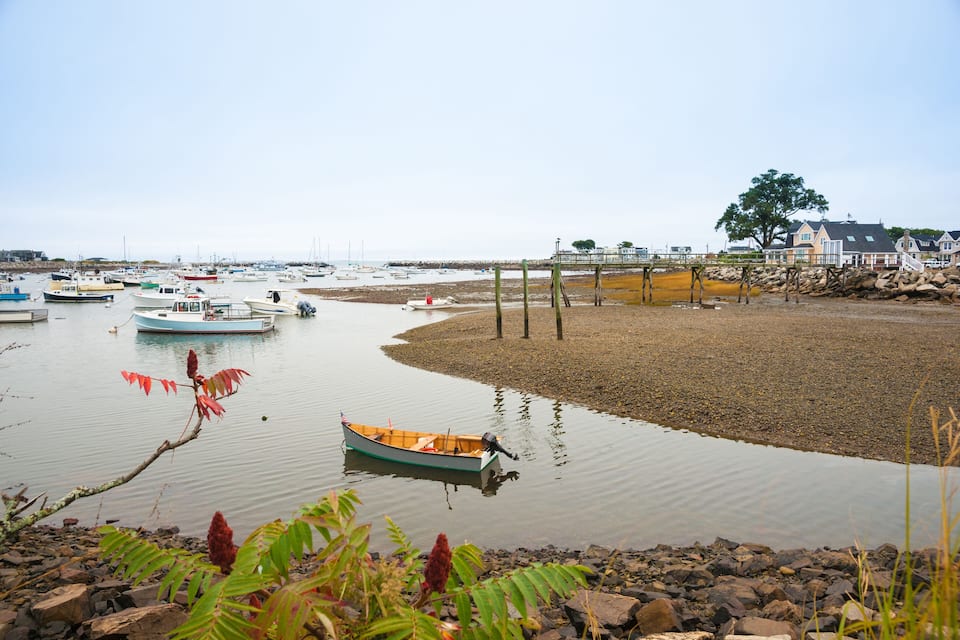 A calm harbor with boats, a wooden pier, and houses in the background.