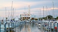 A marina with numerous boats docked, a Ferris wheel, and a building with outdoor seating.