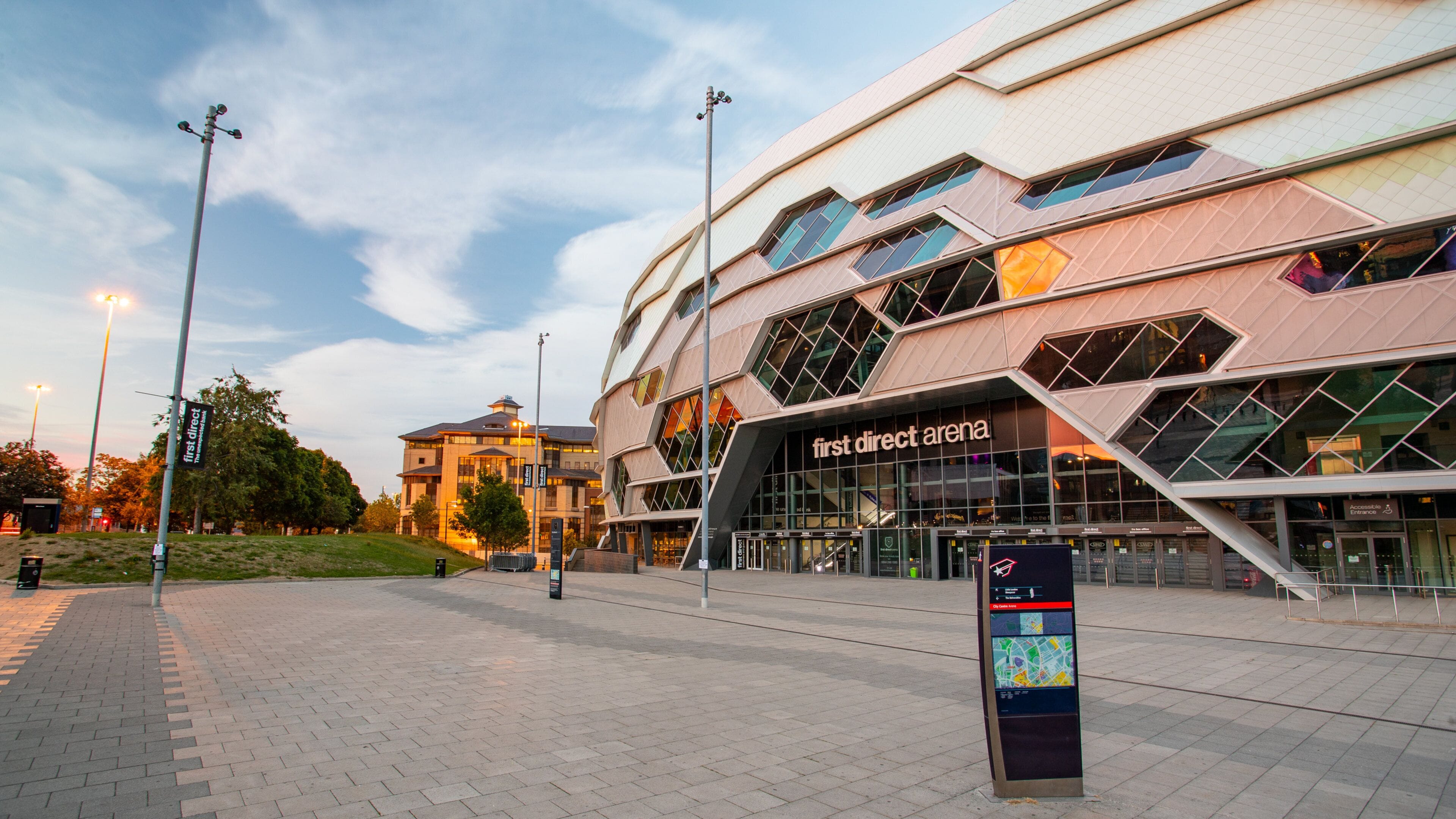 First Direct Arena showing modern architecture and signage