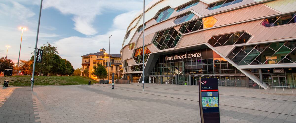 First Direct Arena showing modern architecture and signage