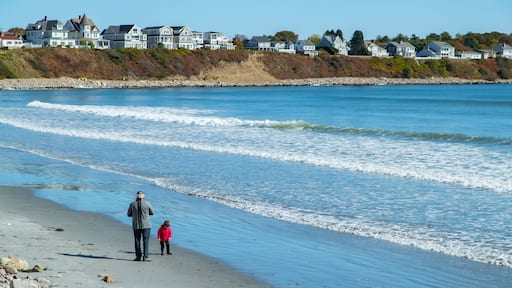 Long Sands Beach featuring general coastal views and a coastal town as well as a family