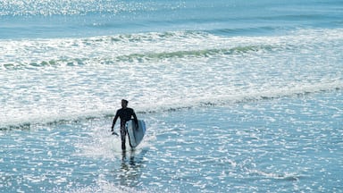 Long Sands Beach featuring general coastal views and surfing as well as an individual male
