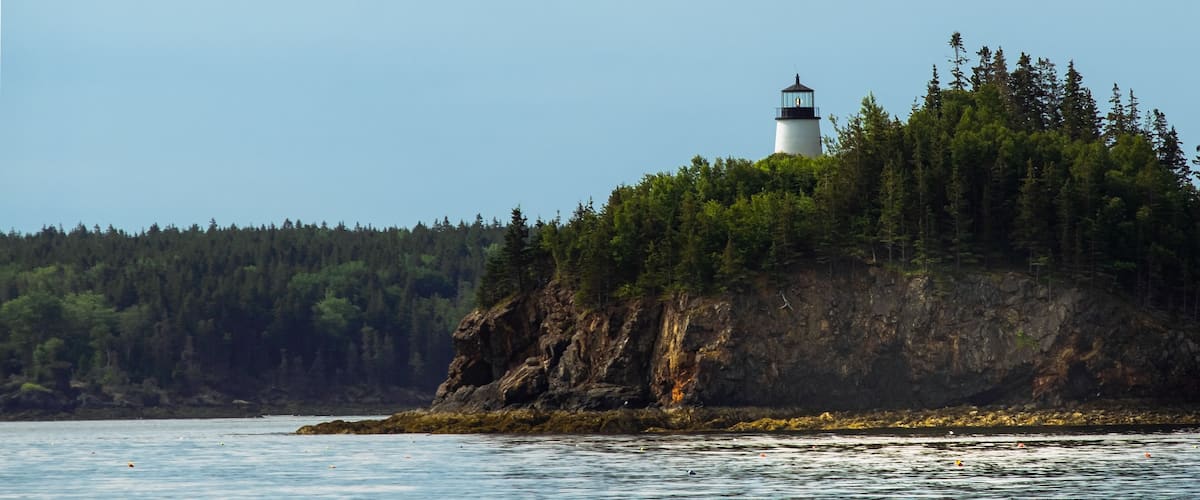 A lighthouse on a rocky cliff surrounded by dense forest.