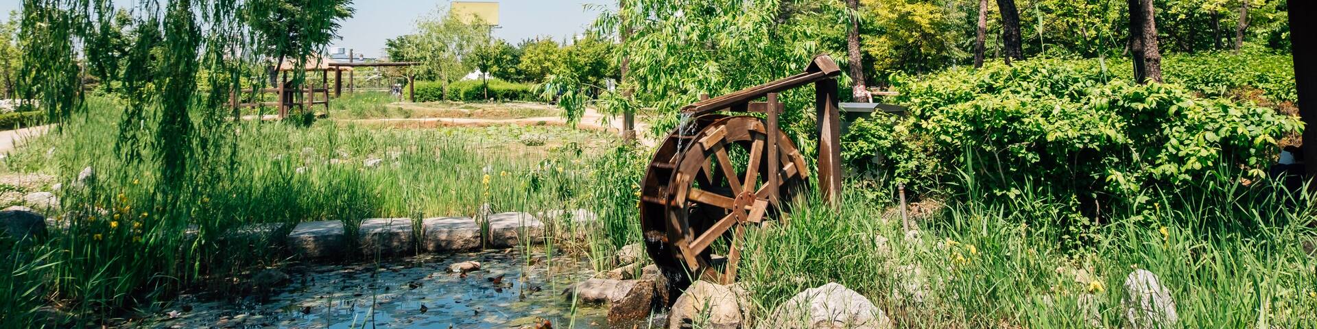 Water mill and pond in Bucheon Sangdong Lake Park, Korea