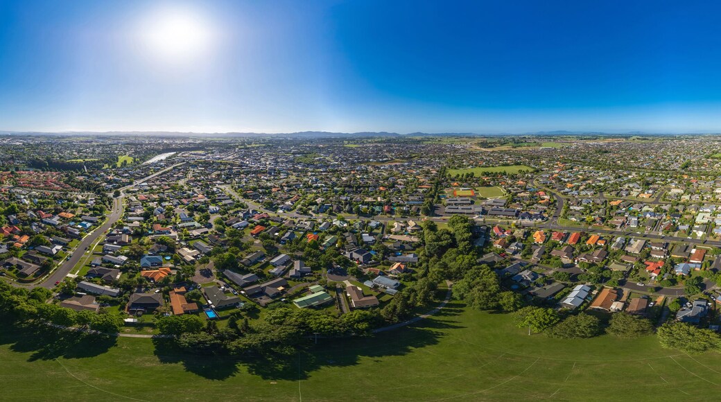 Seamless 360 degree aerial drone panoramic view over the city of Hamilton, captured from Flagstaff Park, in the Waikato region of New Zealand.