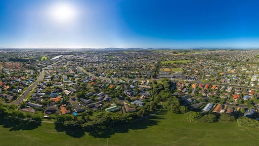 Seamless 360 degree aerial drone panoramic view over the city of Hamilton, captured from Flagstaff Park, in the Waikato region of New Zealand.