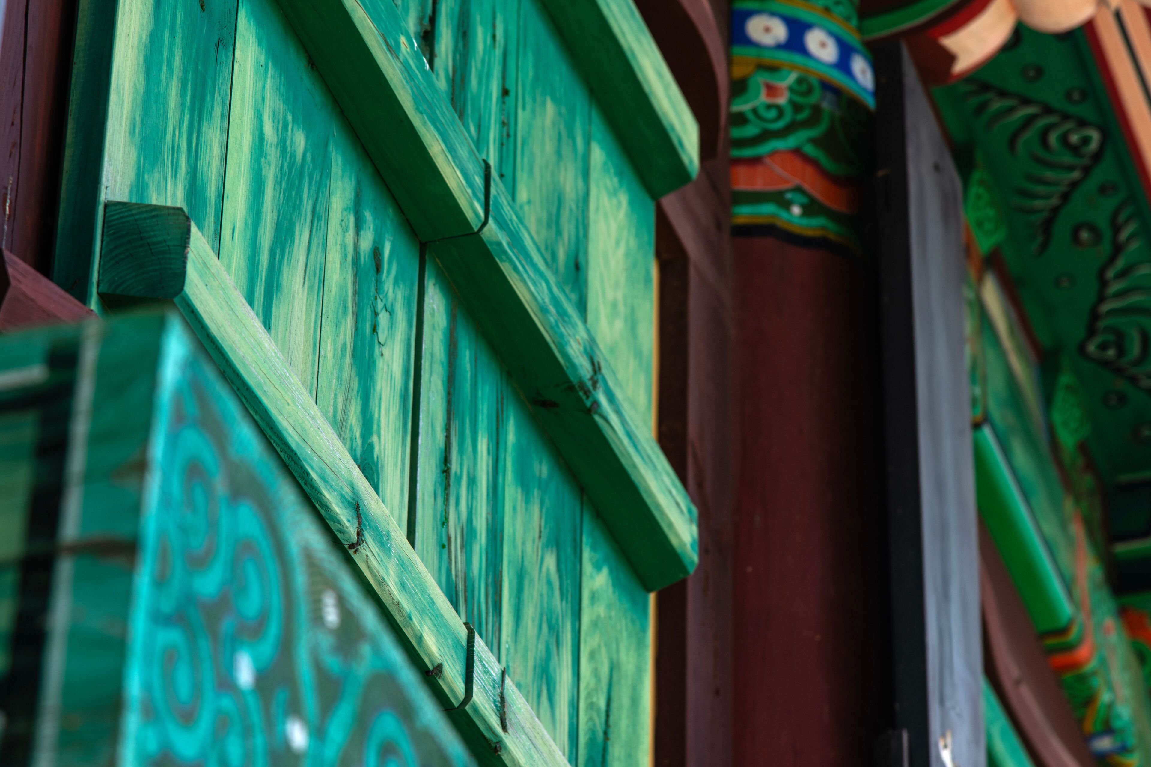 closed wooden window in the Buddhist temple building