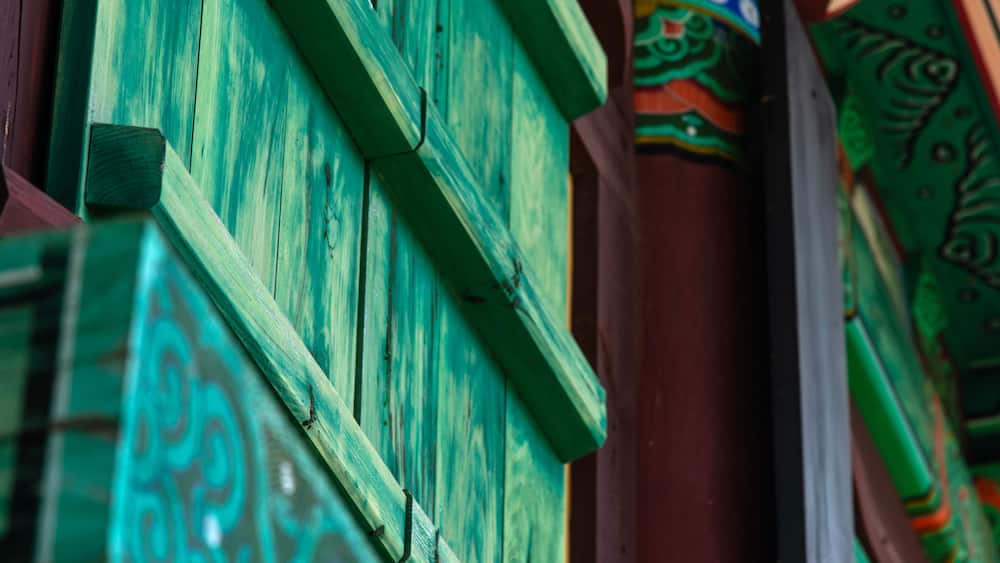 closed wooden window in the Buddhist temple building
