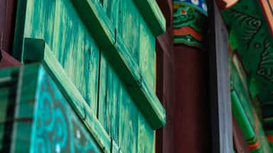 closed wooden window in the Buddhist temple building