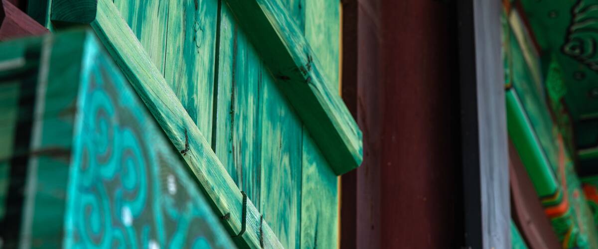 closed wooden window in the Buddhist temple building