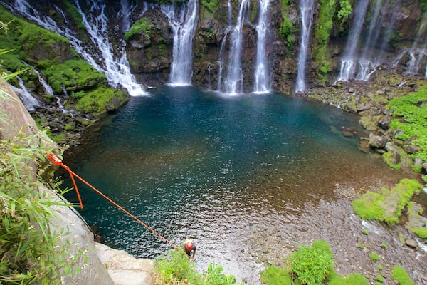 Reunion featuring a cascade and a lake or waterhole