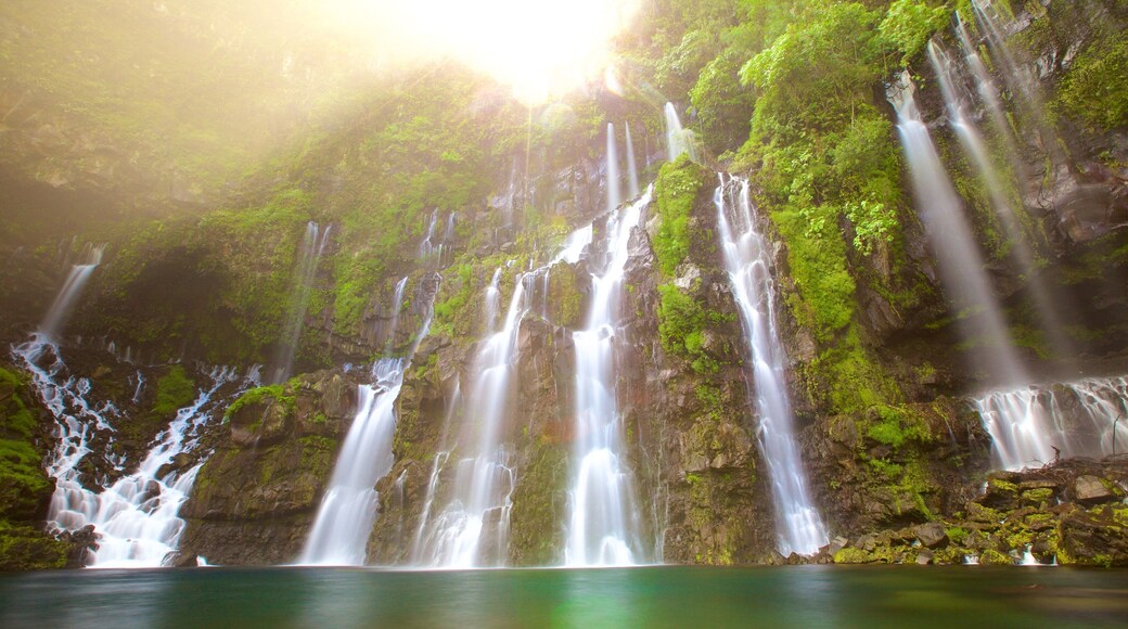Réunion som inkluderer innsjø, regnskog og vannfall