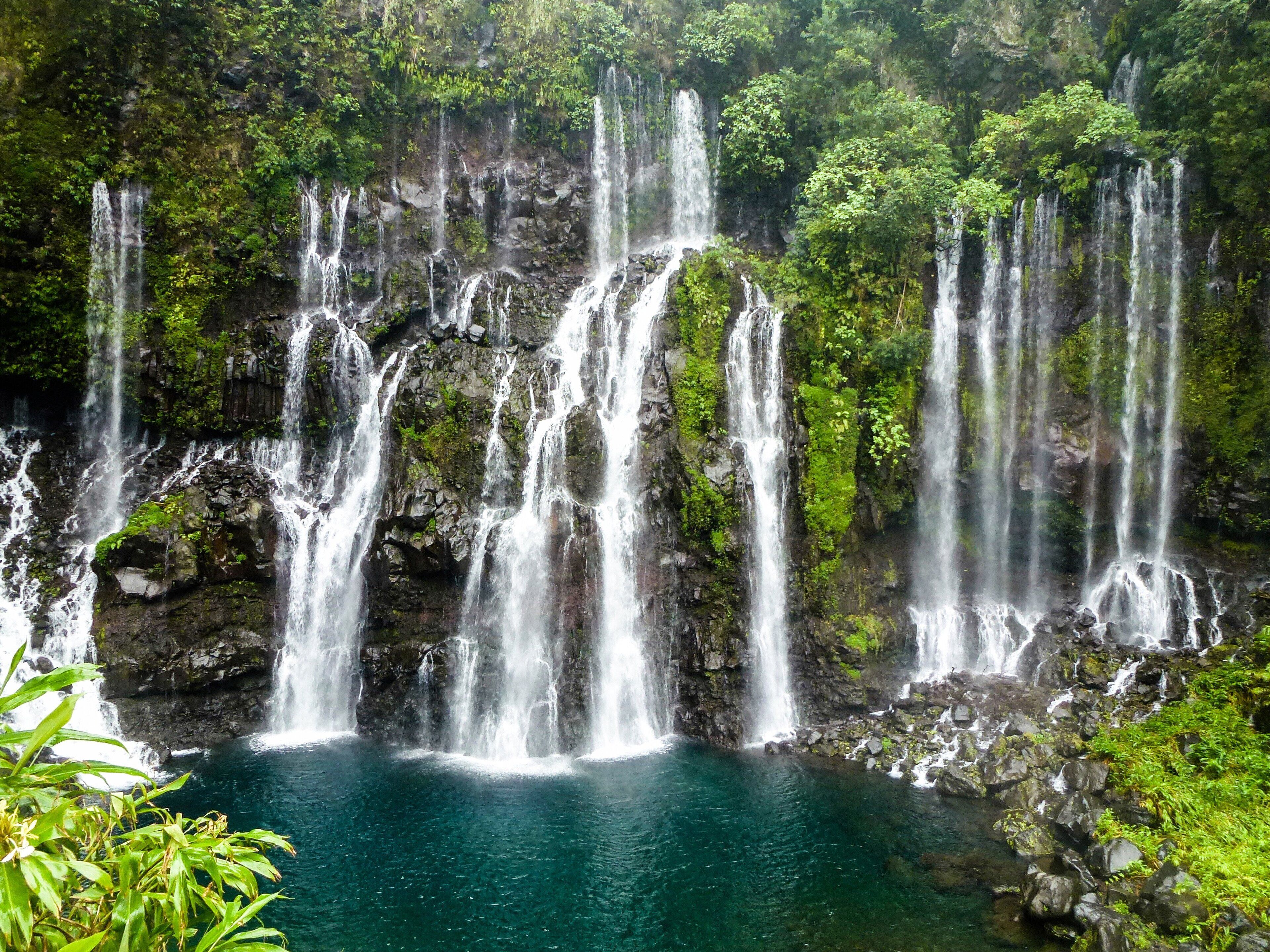 Caption---- Waterfall in Reunion Island, France