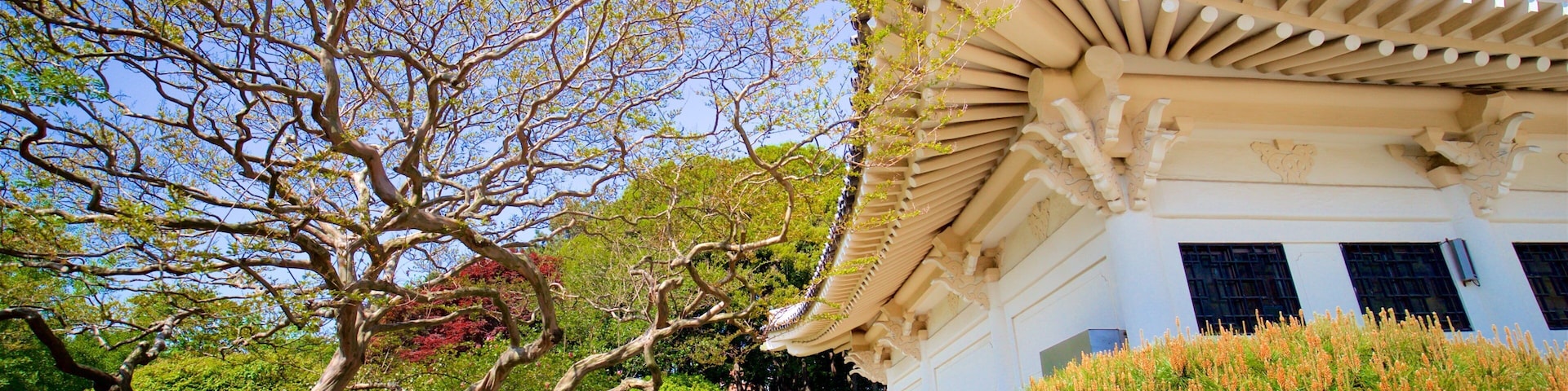 Chungnyeolsa showing wildflowers, a park and heritage elements