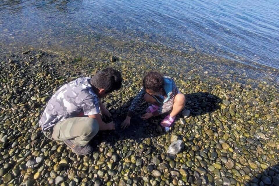 To personer på en stenstrand med et roligt vandareal og en fjerntliggende kystlinje.
