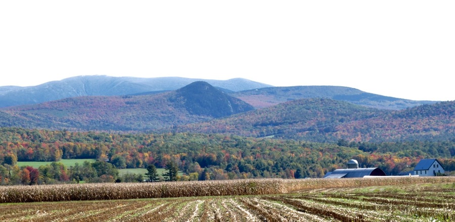 Looking off towards Mt. Cube. Harvest time for many dairy farms. These fields of corn are ground up into silage for cow feed. The color of the foliage may be at peak right now.