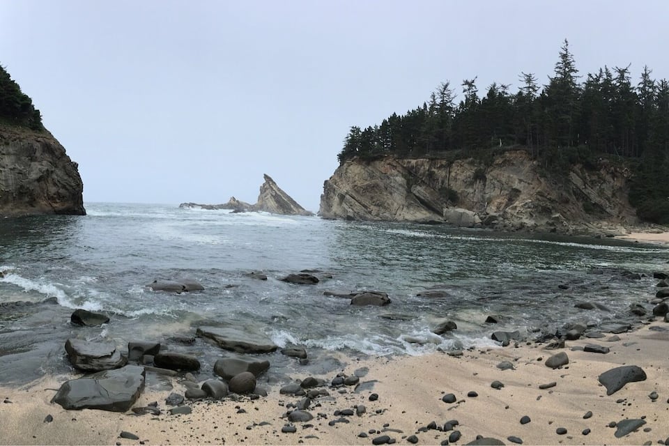 Una playa rocosa con olas rompiendo en la orilla, rodeada de acantilados y un bosque denso.