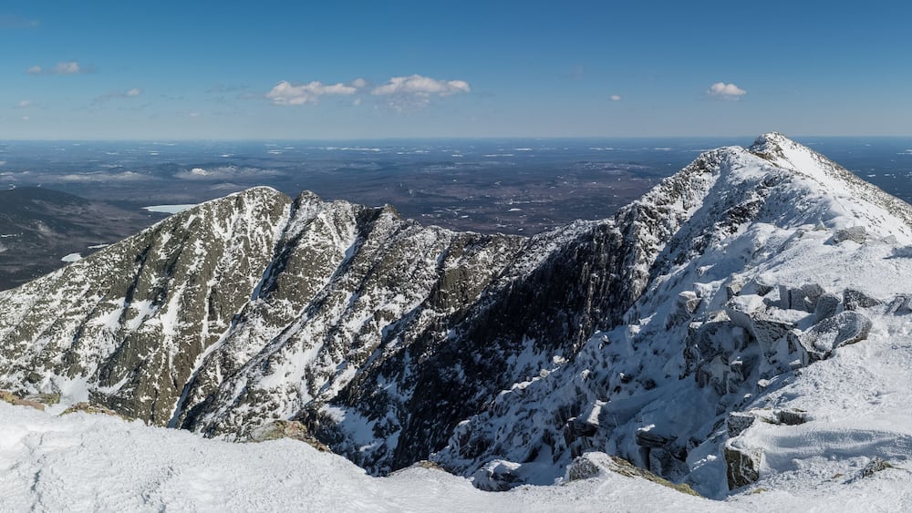 Panoramic view of the famous knife edge on a clear winter day, from Baxter peak, Katahdin, Maine, USA