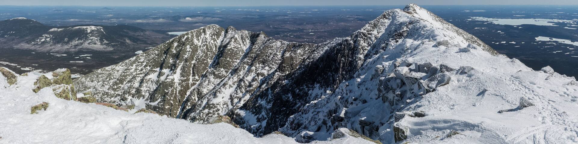 Panoramic view of the famous knife edge on a clear winter day, from Baxter peak, Katahdin, Maine, USA