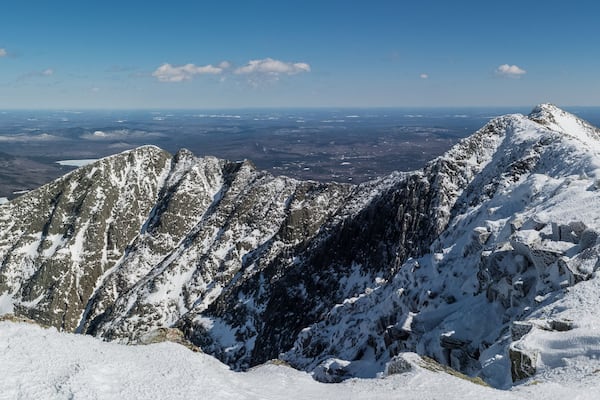 Panoramic view of the famous knife edge on a clear winter day, from Baxter peak, Katahdin, Maine, USA