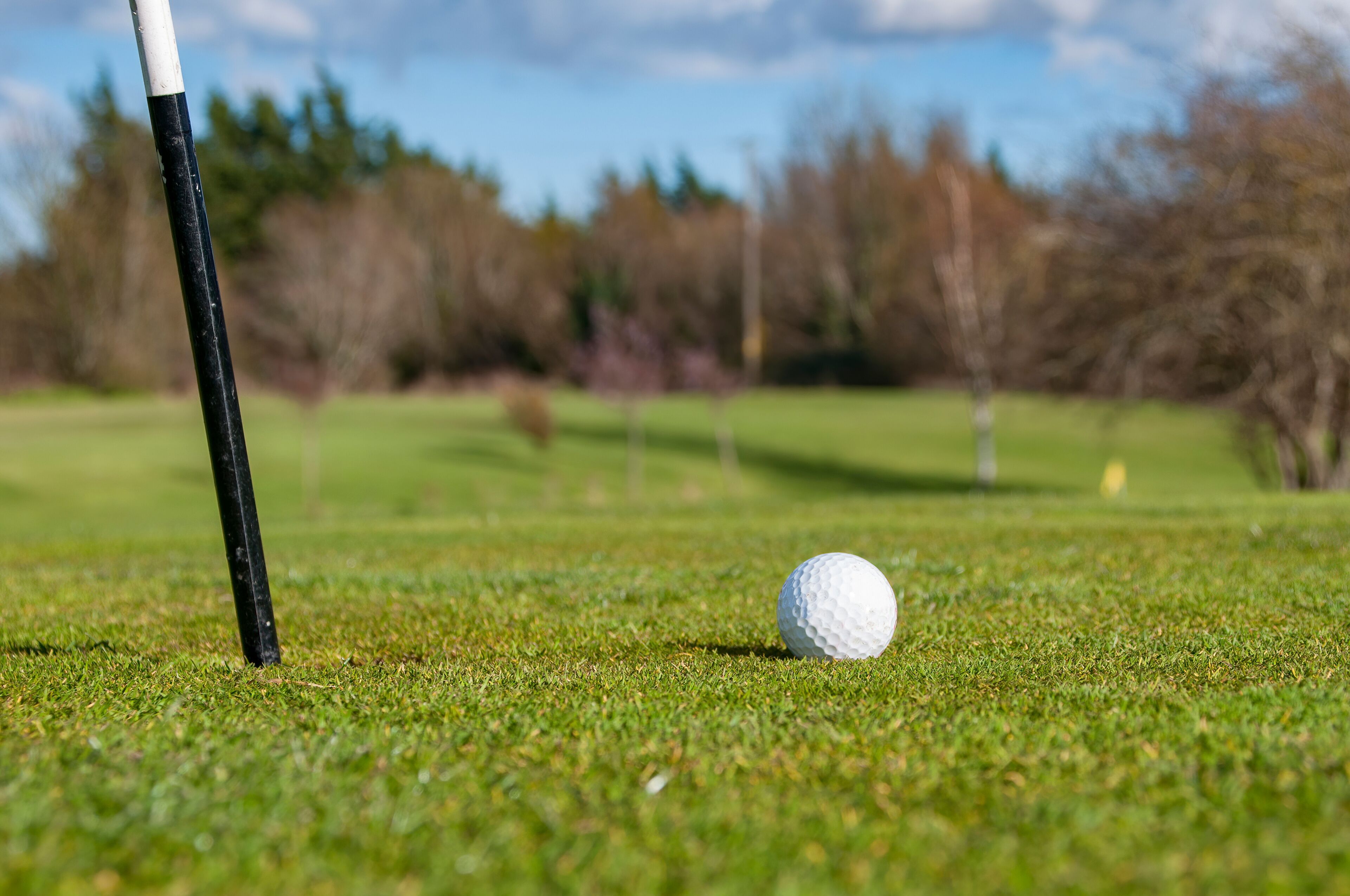 Closeup of Golf Ball beside flagstick.