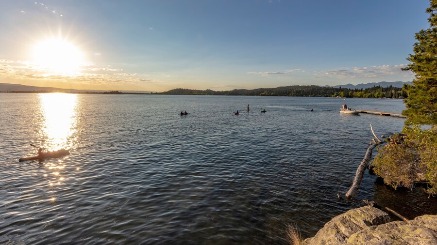 Summer water sports on Flathead Lake from Wayfarers State Park in Bigfork, Montana, USA