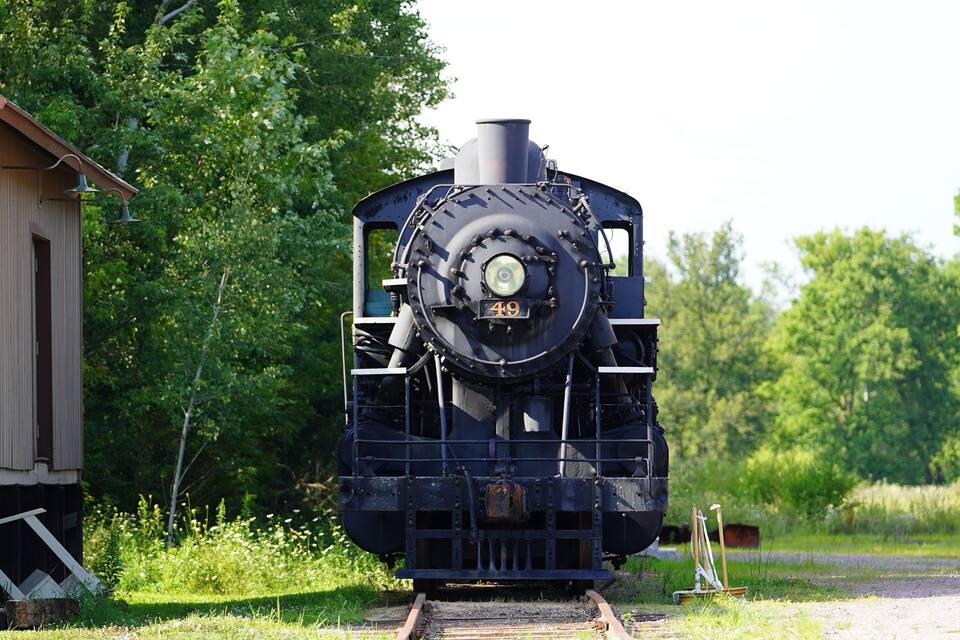 A black steam locomotive numbered 49 on tracks, surrounded by lush greenery and trees.