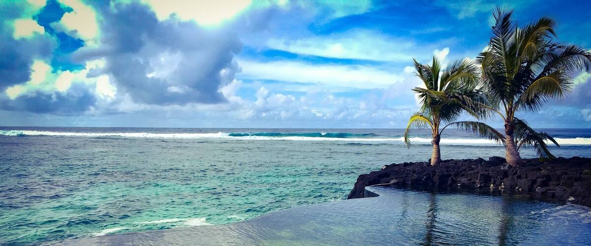 A beach with clear turquoise water, a palm tree, and a rocky outcrop.