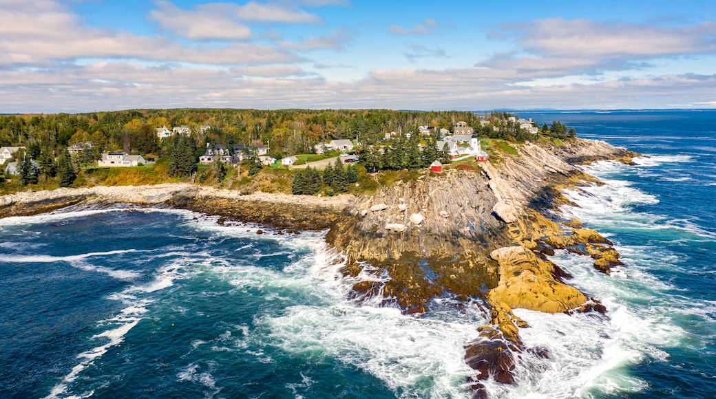 Aerial view of Pemaquid Point Light. The Pemaquid Point Light is a historic US lighthouse located in Bristol, Lincoln County, Maine, at the tip of the Pemaquid Neck.