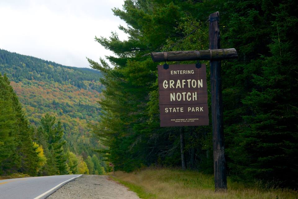 A road sign indicating the entrance to Grafton Notch State Park with a backdrop of a forested mountain.