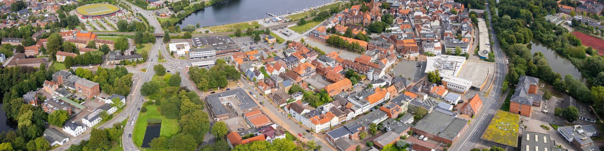 Aerial view of the old town of the city Rendsburg in Germany on an sunny spring afternoon