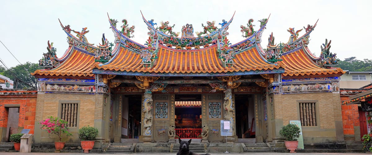 A traditional Chinese temple with ornate architecture and a black dog lying in front.