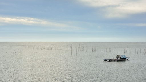 A calm sea with a small boat and a floating barrier in the distance.