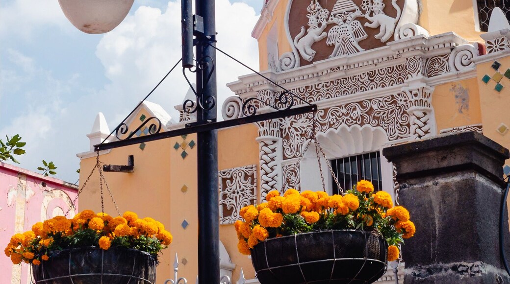 Marigolds on a light post and an old antique architecture church in the traditional village of Atlixco de las Flores by Puebla in Mexico